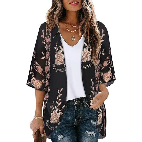 Unbranded Sweaters - NEW Black Gold Women's 3X Floral Print Kimono Cardigan Loose Cover Up Shirt